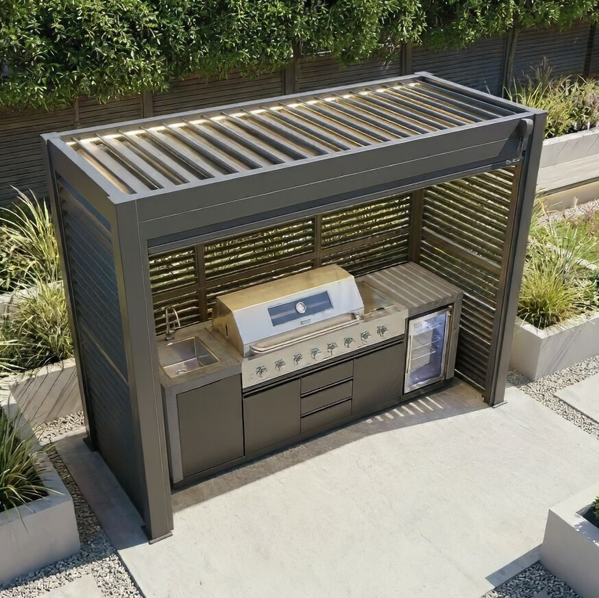 Grill King Outdoor BBQ Shelter Package – 6 Burner Charcoal BBQ Kitchen, Fridge & Sink + Freestanding Aluminium Louver Roof with LED Lighting & Privacy Blind