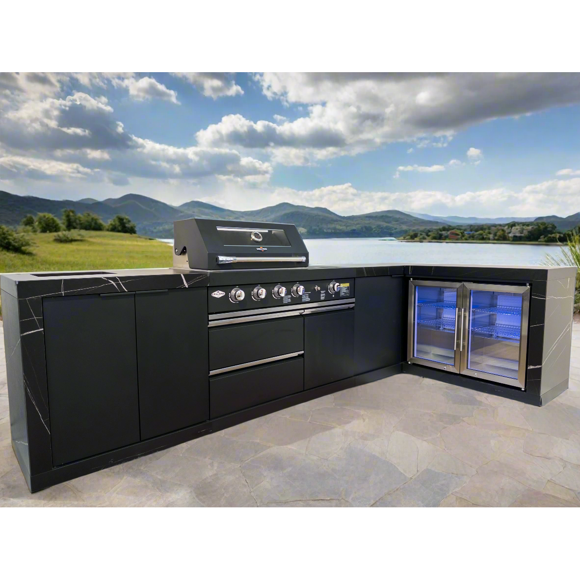Rockpool Black 4B + Wok L Shape Outdoor Kitchen BBQ Package Black Stone + 2DR Fridge, 2DR Sink, 1DR Cupboard