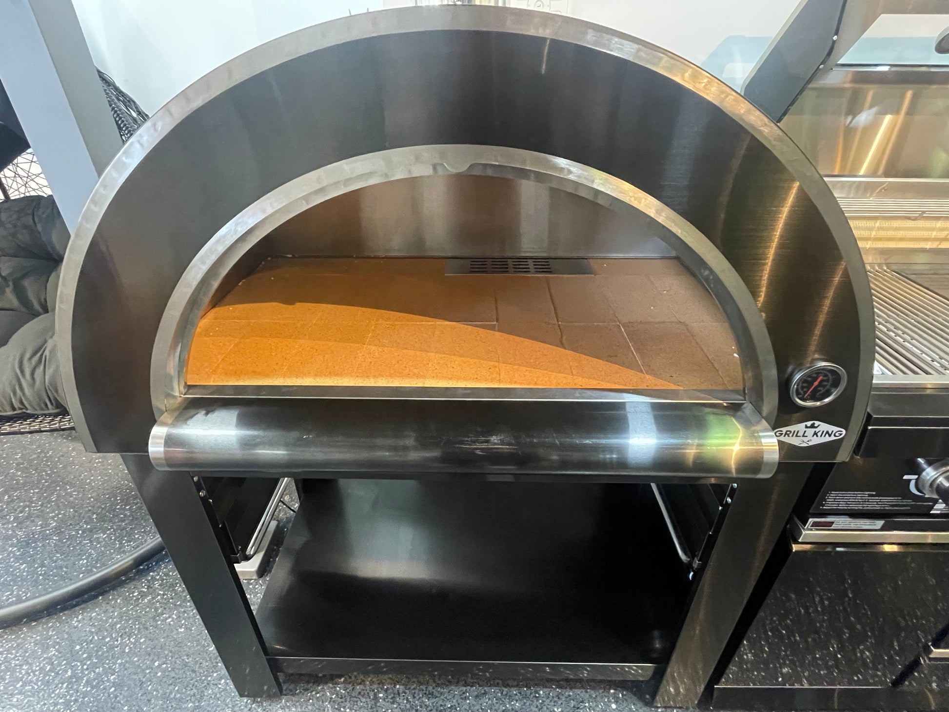 Floor Stock Black 304SS 4 Burner BBQ Kitchen + Fridge & Sink Combo + 30" Woodfire Pizza Oven