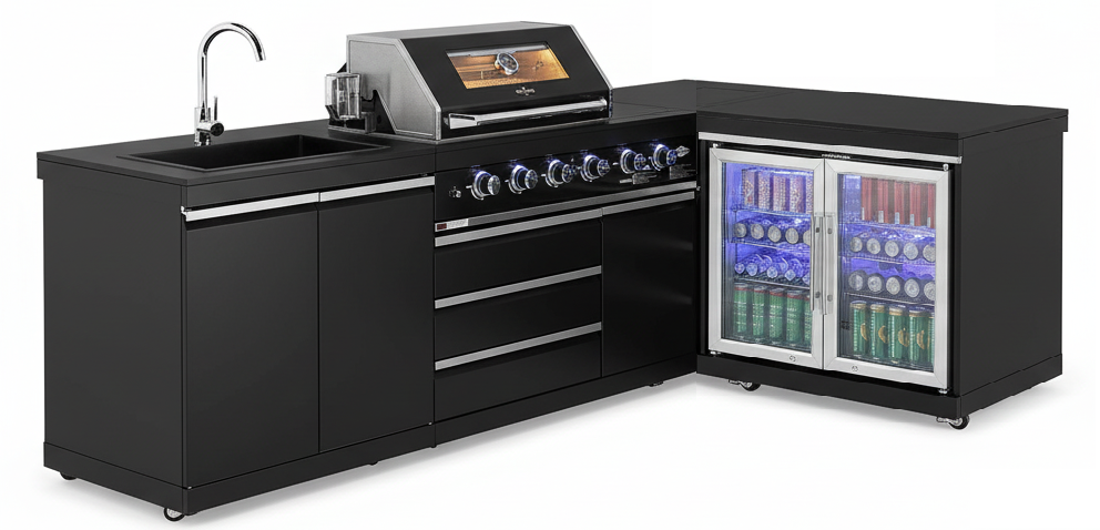 L Shape Grill King 4-Burner + Wok Outdoor BBQ Kitchen – Black 304 Stainless Steel, Sink & Fridge Ready (Copy)