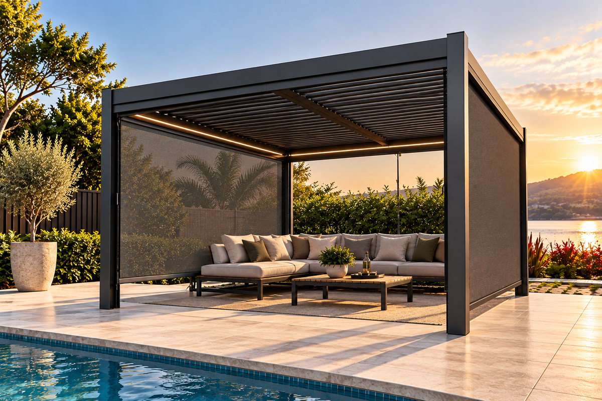 GazeboMate Louvered Gazebo + Aluminium Privacy Side Wall – Monument Charcoal