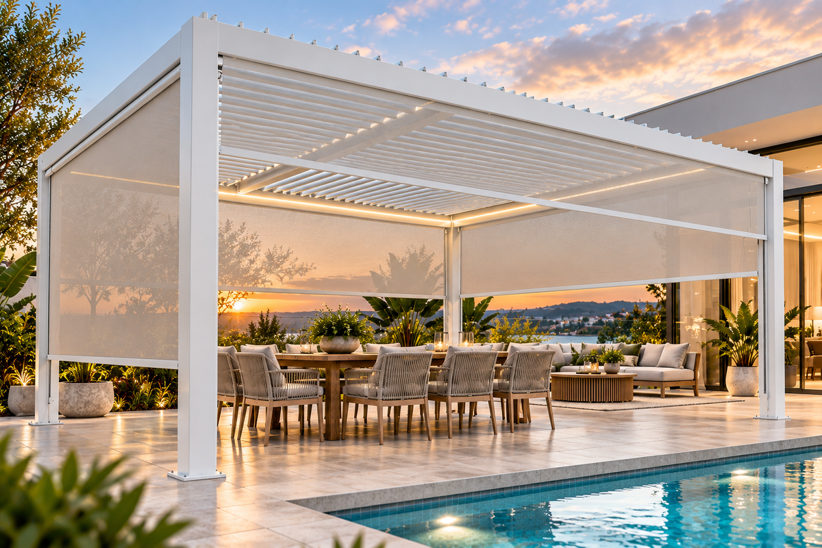 GazeboMate 4m × 5m White Aluminium Louvered Gazebo + Retractable Privacy Screen Combo