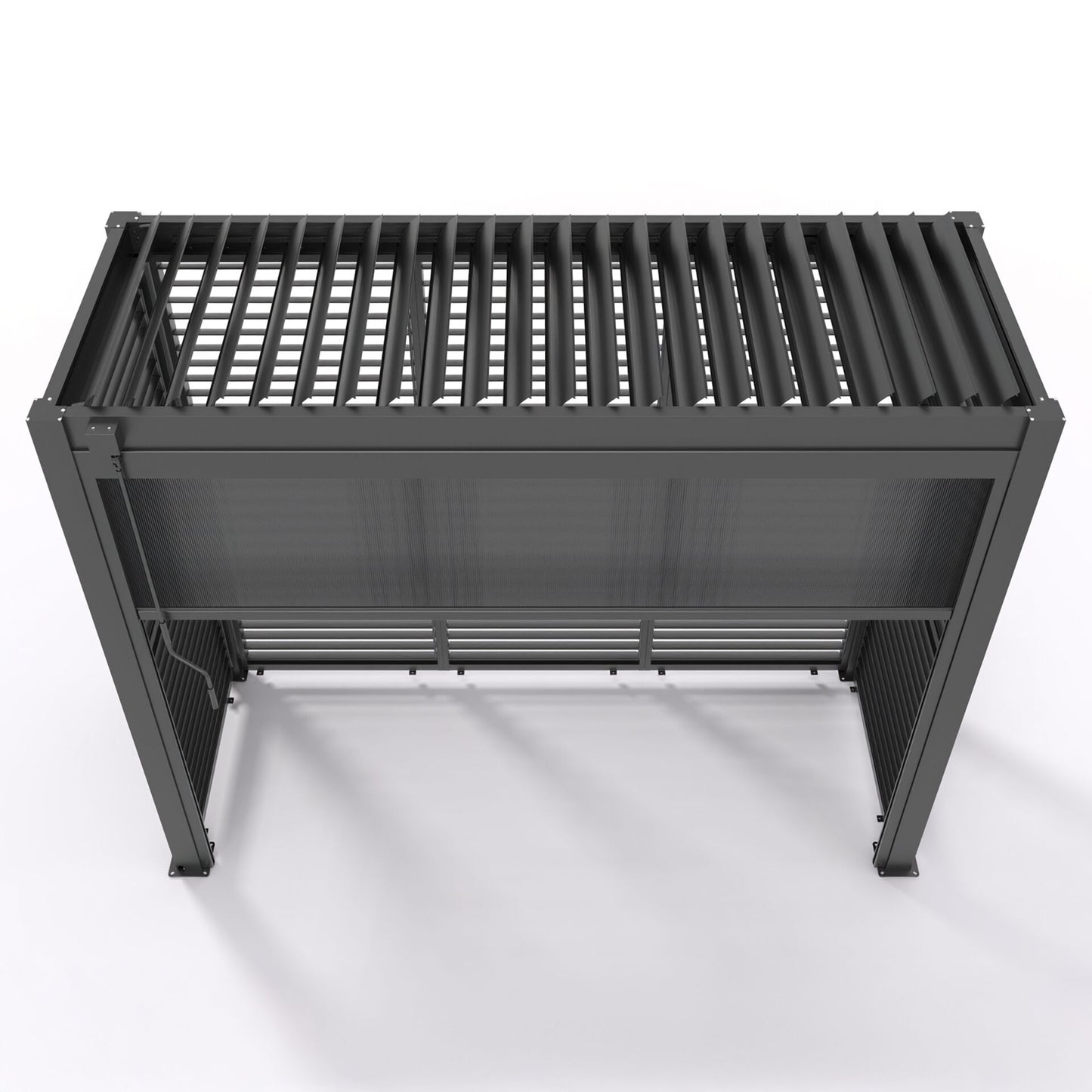 Grill King Outdoor BBQ Shelter Package – 6 Burner Charcoal BBQ Kitchen, Fridge & Sink + Freestanding Aluminium Louver Roof with LED Lighting & Privacy Blind
