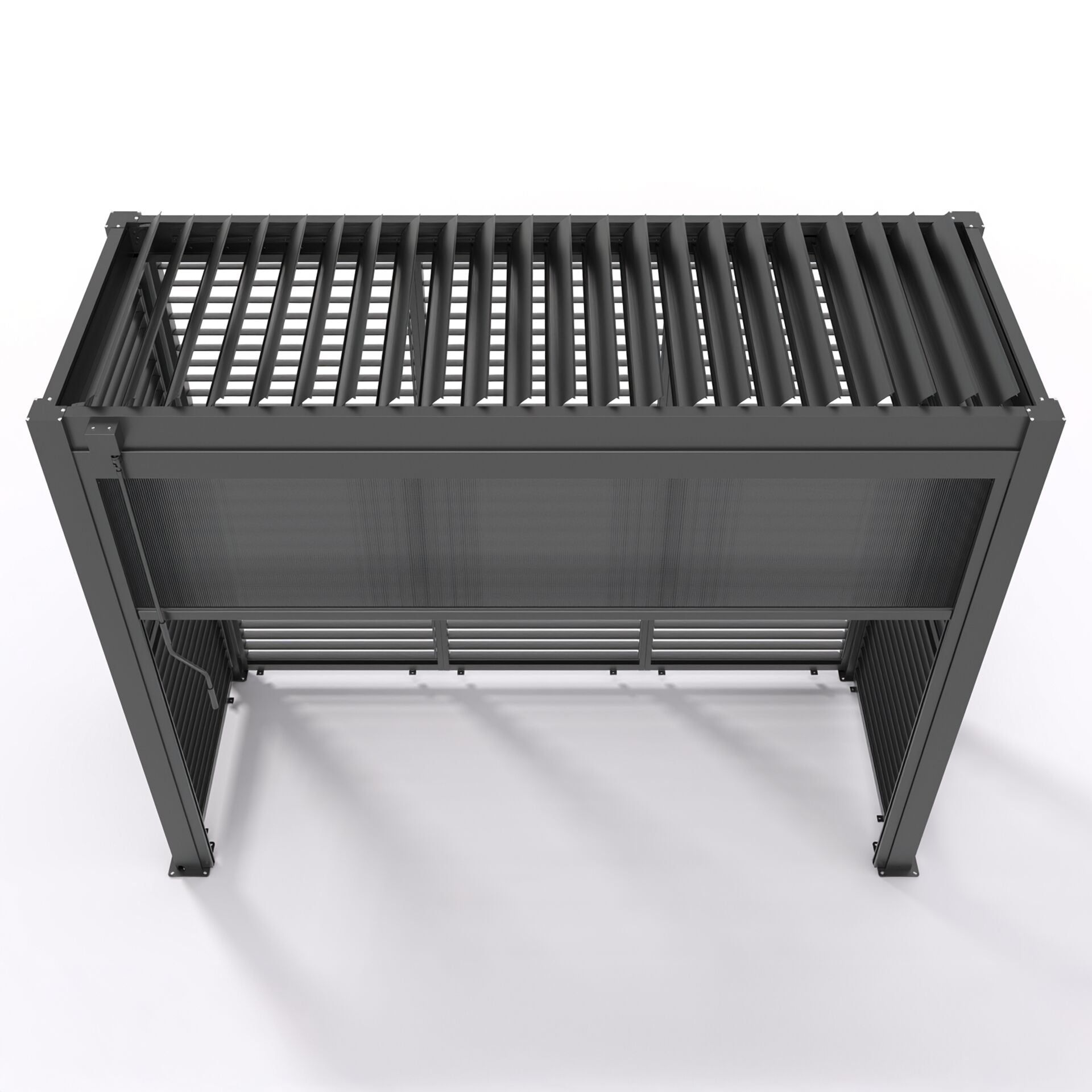 Grill King Outdoor BBQ Shelter Package – 6 Burner Charcoal BBQ Kitchen, Fridge & Sink + Freestanding Aluminium Louver Roof with LED Lighting & Privacy Blind