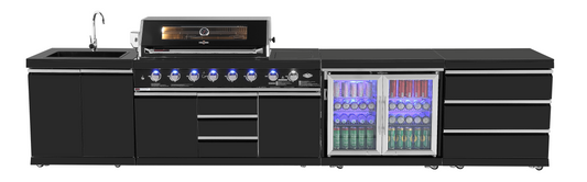 Kingsley 304 Black Stainless Steel 6 Burner Outdoor Kitchen w/ Fridge, Sink and Storage Bundle