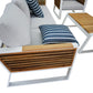 Morlaix 4 Piece Hampton Style Designer Outdoor Lounge Set: White Aluminium, Acacia Wood, Table & Cushions