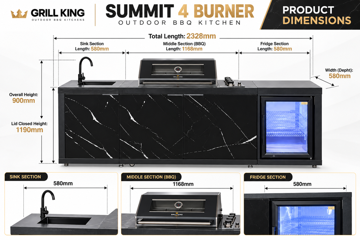 Grill King Rockpool Summit 4 Burner Outdoor BBQ Kitchen – Black Stone, Fridge & Sink