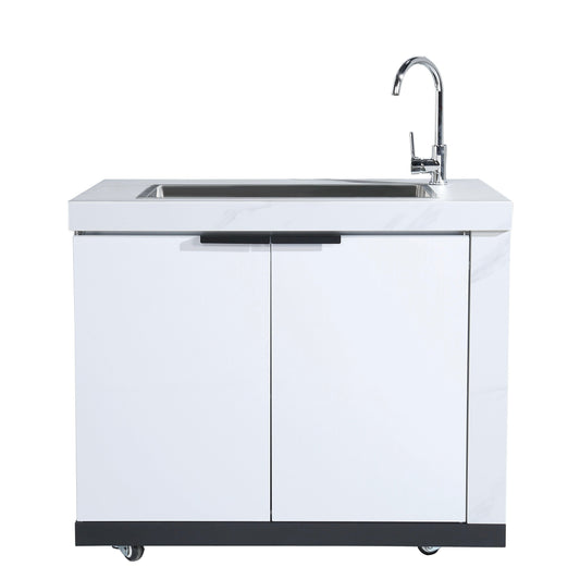 2DR RHS Waterfall Edge Sink Module Suits Rockpool White BBQ Kitchen Package Inc Stone Finishes, Aluminum Powder coated Cabinets, Tap, Waste, Hose, Castor Wheels RHS Waterfall Edge