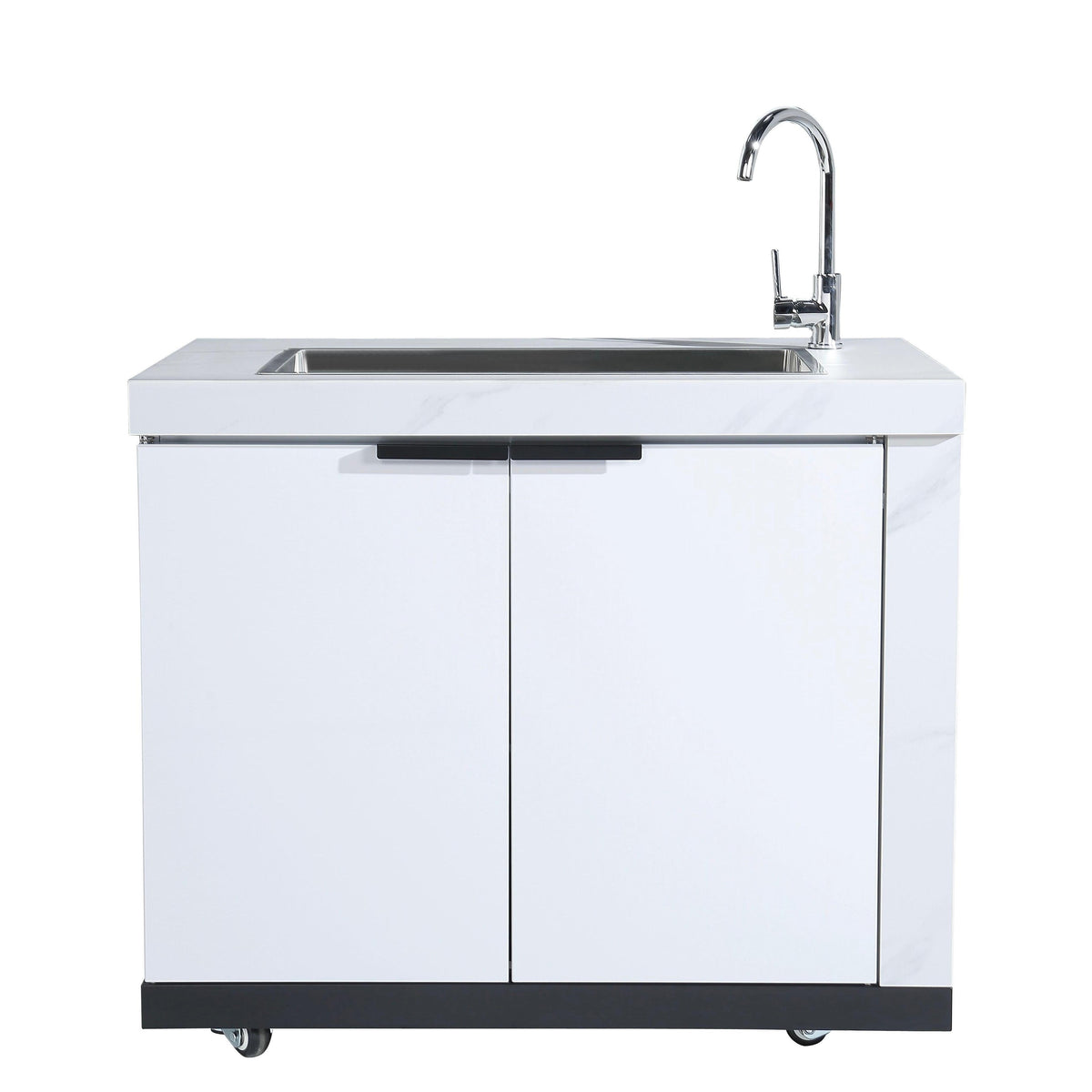 2DR LHS Waterfall Edge Sink Module Suits Rockpool White BBQ Kitchen Package Inc Stone Finishes, Aluminum Powder coated Cabinets, Tap, Waste, Hose, Castor Wheels RHS Waterfall Edge