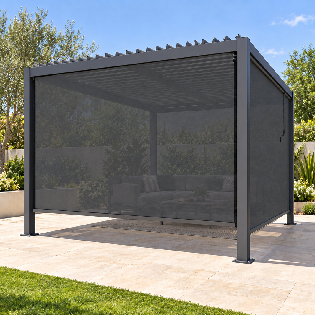 GazeboMate Combo: 4M x 4M Monument Aluminium Louvered Gazebo + Retractable Privacy Screen
