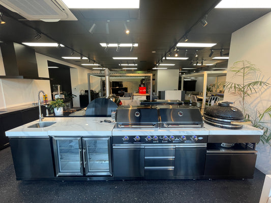 Floor Stock Element Twin-Hood Outdoor BBQ Kitchen with Kamado Smoker, Fridge, Sink, Rotisserie