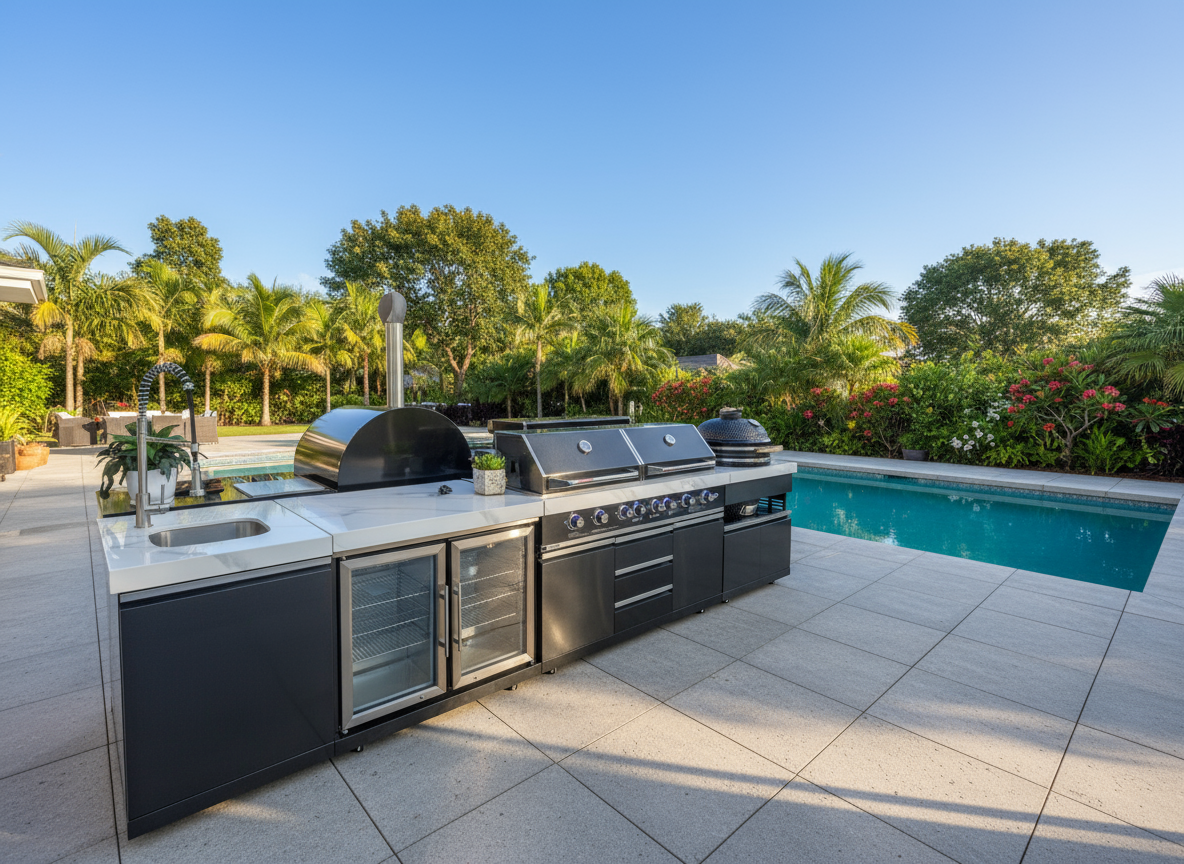 Floor Stock Element Twin-Hood Outdoor BBQ Kitchen with Kamado Smoker, Fridge, Sink, Rotisserie