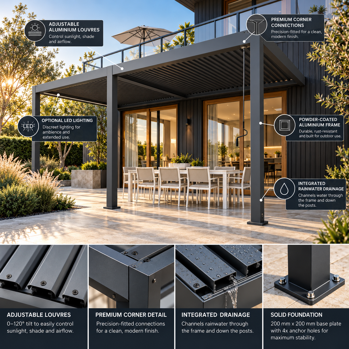 GazeboMate 4m × 6m Aluminium Louvered Gazebo – Monument | Adjustable Roof Pergola
