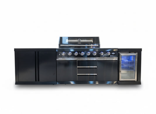 Black Stainless Floor Stock 6 Burner + Wok BBQ Kitchen + 1DR Fridge & 2DR Sink