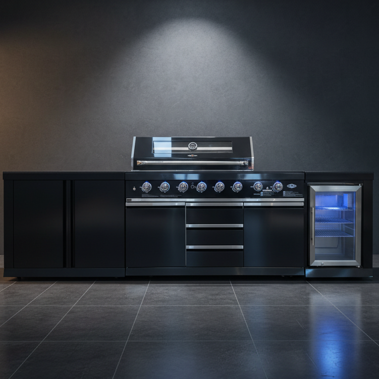 Black Stainless Floor Stock 6 Burner + Wok BBQ Kitchen + 1DR Fridge & 2DR Sink