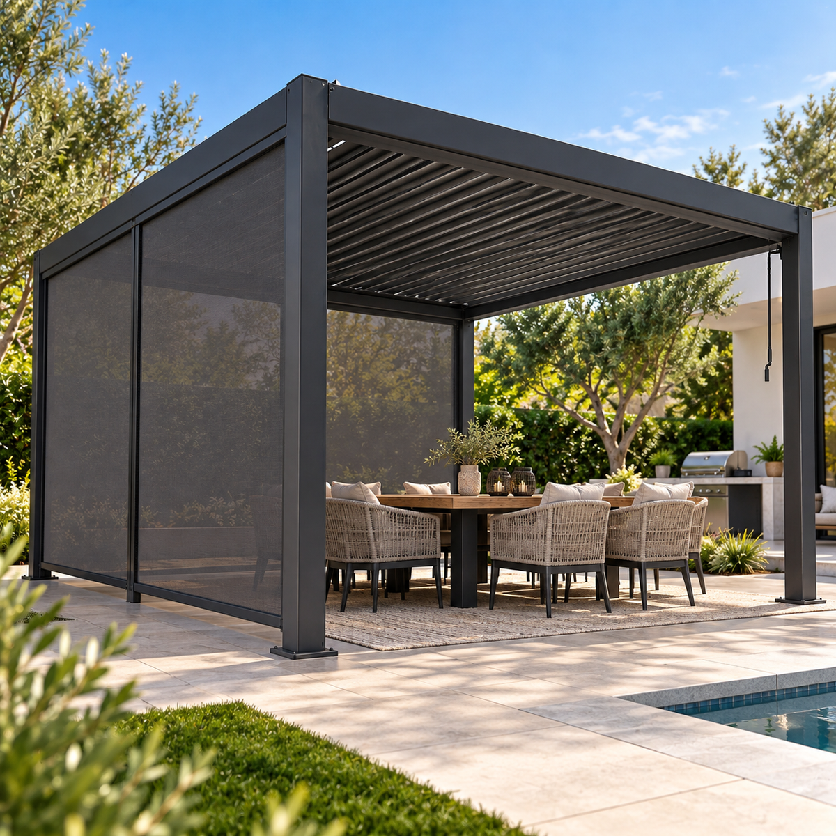 GazeboMate Aluminium Louvered Gazebo with Privacy Wall – Monument