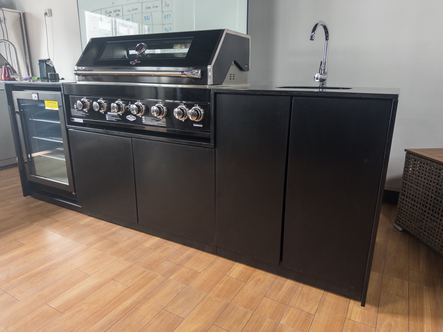 Grill King Signature Series 6 Burner Outdoor BBQ Kitchen Package – Black Stone Benchtop, Black Aluminium Cabinets, Built-In BBQ + Rotisserie