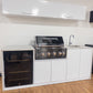 Grill King Signature Series Outdoor BBQ Kitchen Package – Rockpool White Stone Bench-Top, White Aluminium Cabinets | 4-Burner Built-In BBQ + Rotisserie + 150L Outdoor Fridge