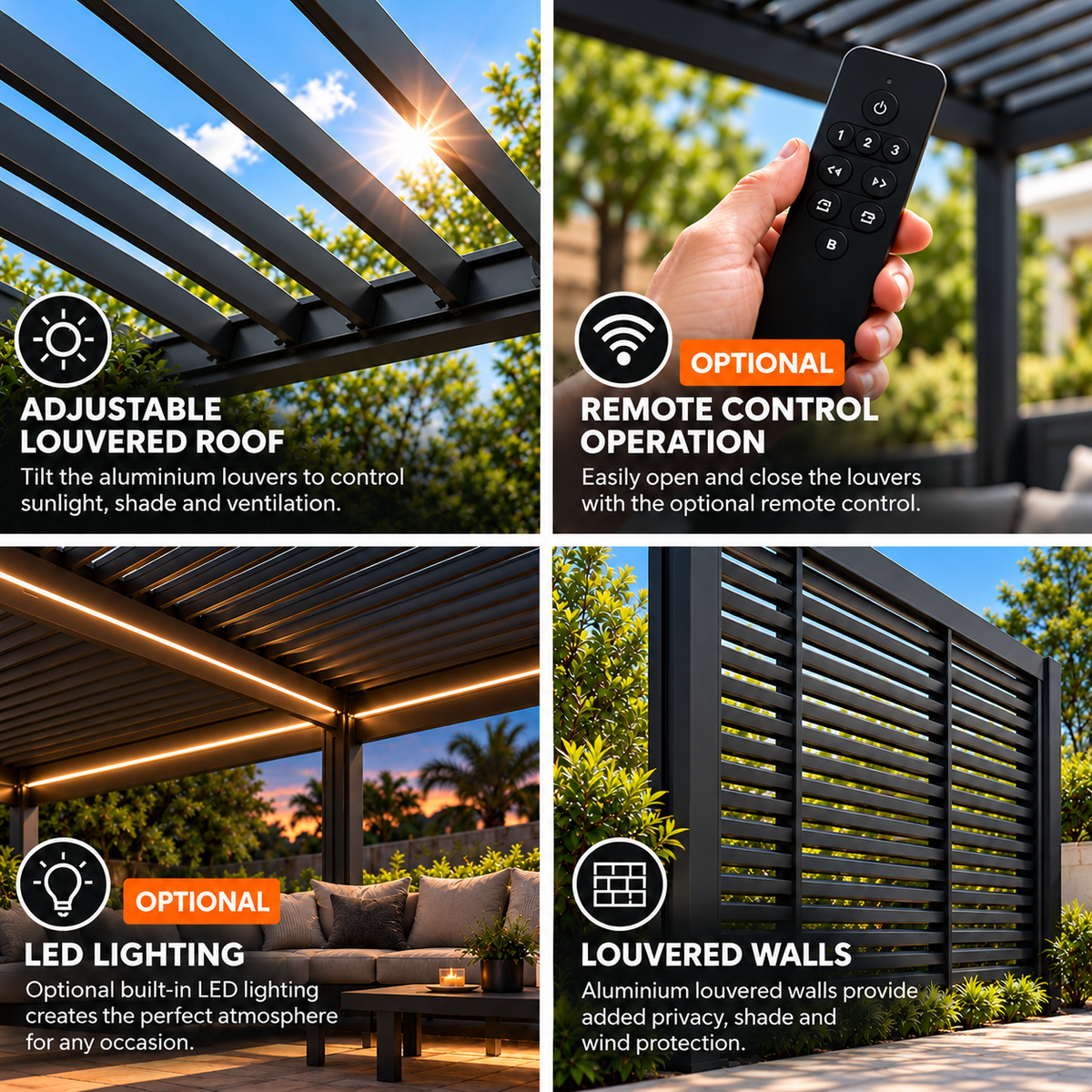 GazeboMate Louvered Gazebo + Aluminium Privacy Side Wall – Monument Charcoal