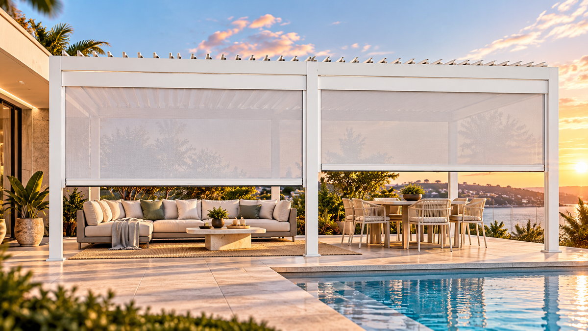 GazeboMate 3.6m × 7.2m Aluminium Louvered Gazebo + Retractable Privacy Screen – White