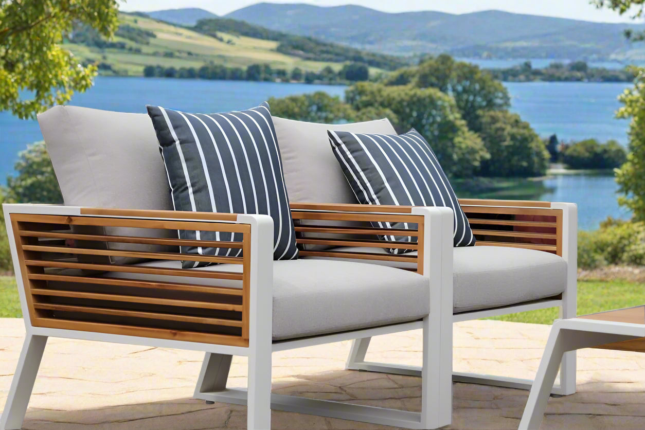 Morlaix 4 Piece Hampton Style Designer Outdoor Lounge Set: White Aluminium, Acacia Wood, Table & Cushions