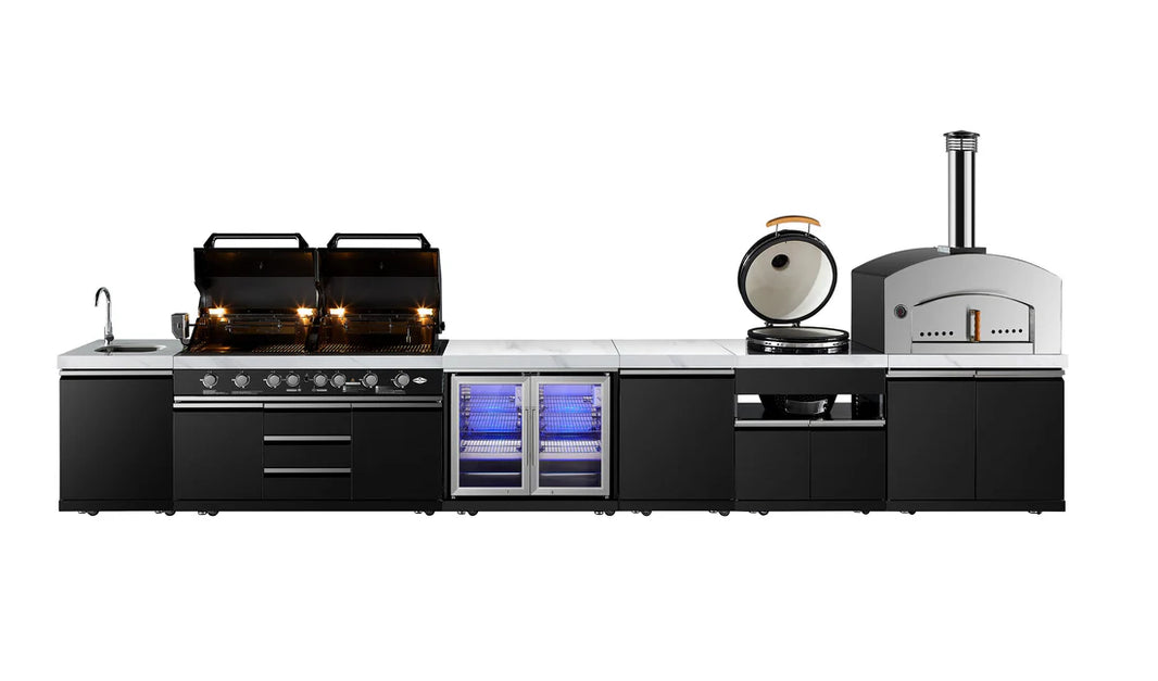 Element Twin Hood 8 Burner Outdoor BBQ Kitchen: High Grade 304 SS + White Stone 3.7 | 2DR Fridge + Sink + Wok Burner