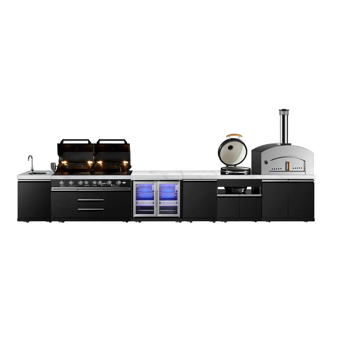Grill King Element Twin Hood 8 Burner Outdoor BBQ Kitchen – 304 Stainless Steel & White Sintered Stone