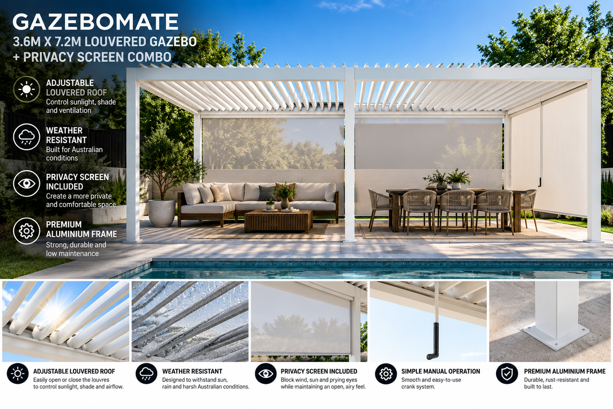 GazeboMate 3.6m × 7.2m Aluminium Louvered Gazebo + Retractable Privacy Screen – White