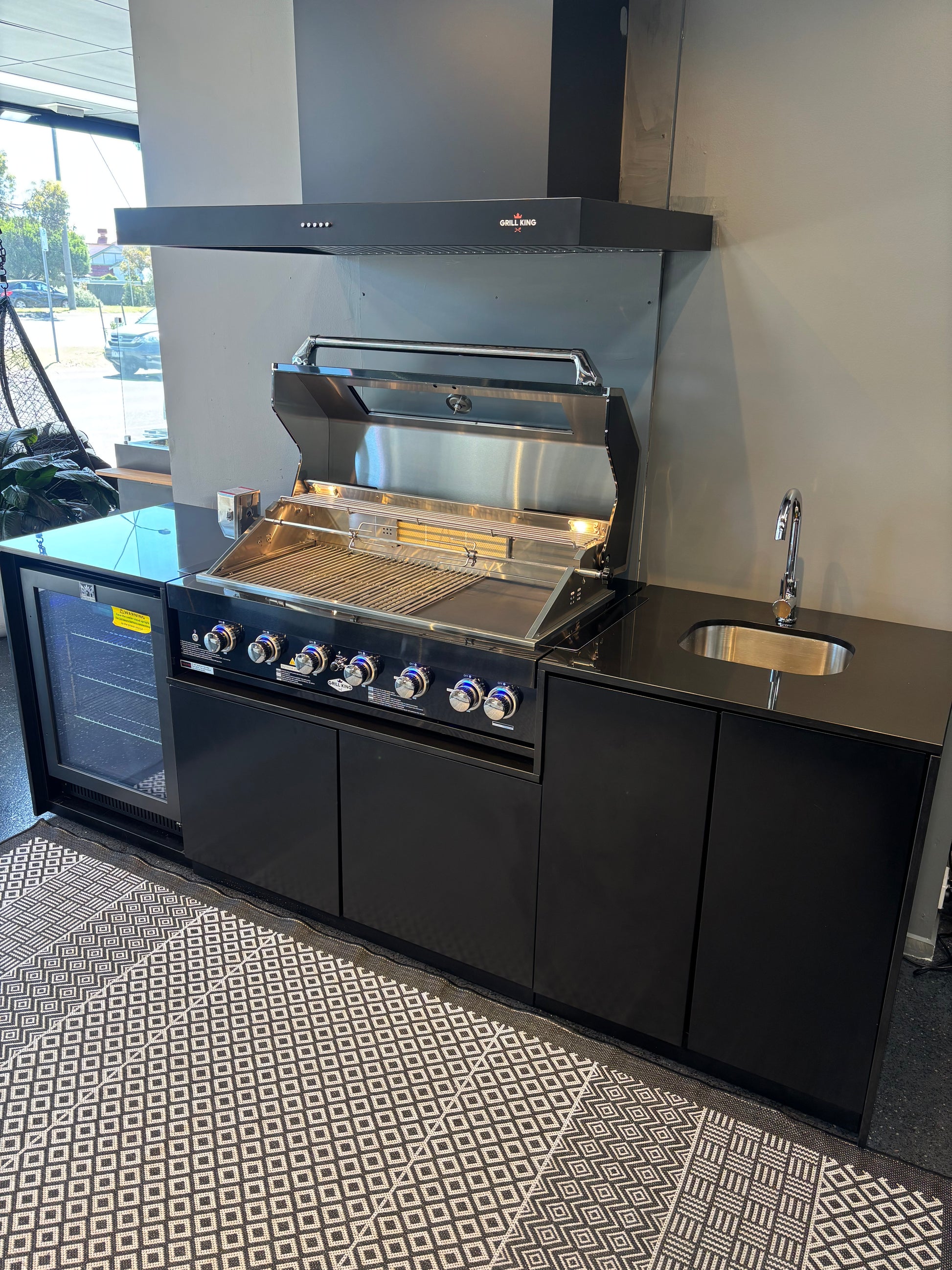 Grill King Signature Series 6 Burner Outdoor BBQ Kitchen Package – Black Stone Benchtop, Black Aluminium Cabinets, Built-In BBQ + Rotisserie
