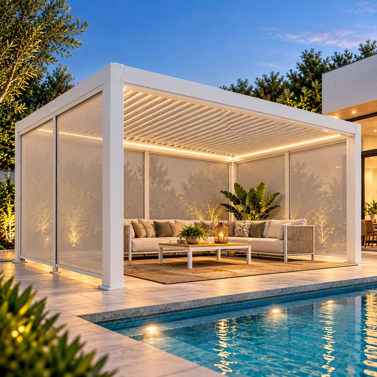 GazeboMate 4m × 5m White Aluminium Louvered Gazebo + Retractable Privacy Screen Combo