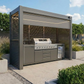 Grill King Outdoor BBQ Shelter Package – 6 Burner Charcoal BBQ Kitchen, Fridge & Sink + Freestanding Aluminium Louver Roof with LED Lighting & Privacy Blind