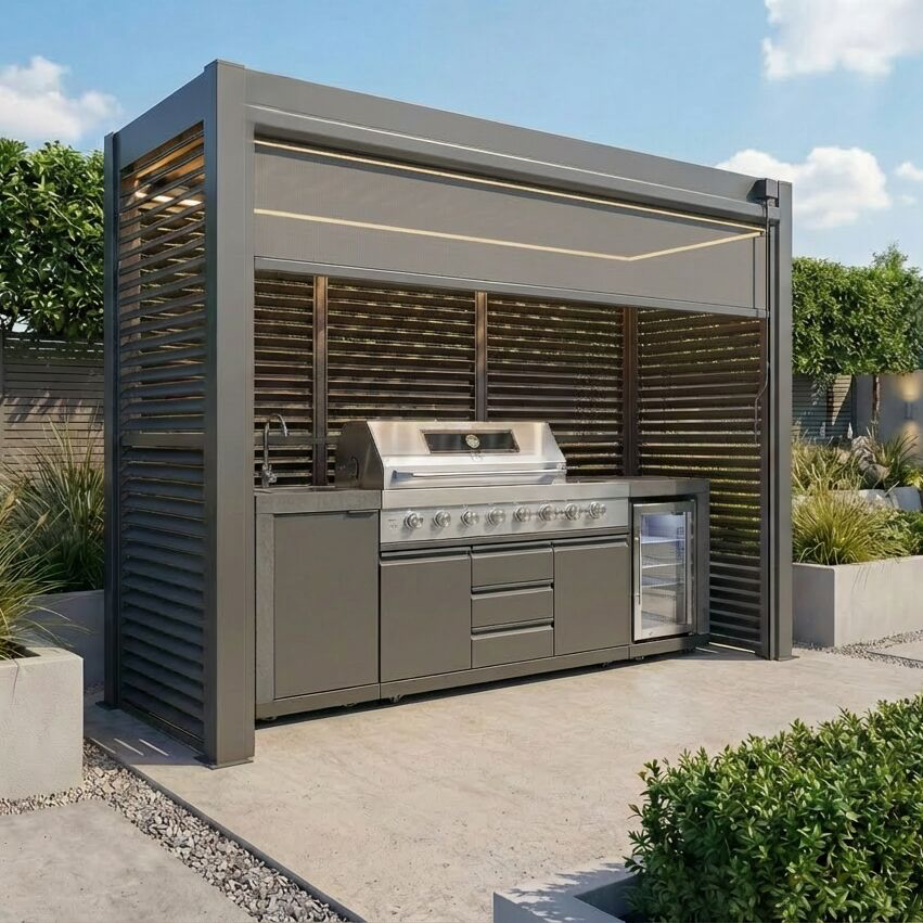 Grill King Outdoor BBQ Shelter Package – 6 Burner Charcoal BBQ Kitchen, Fridge & Sink + Freestanding Aluminium Louver Roof with LED Lighting & Privacy Blind
