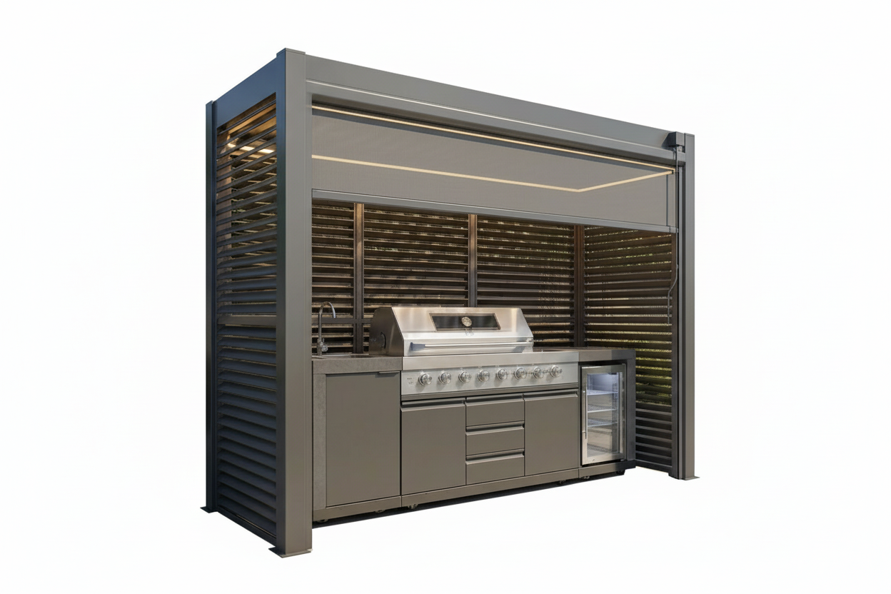Grill King Outdoor BBQ Shelter Package – 6 Burner Charcoal BBQ Kitchen, Fridge & Sink + Freestanding Aluminium Louver Roof with LED Lighting & Privacy Blind