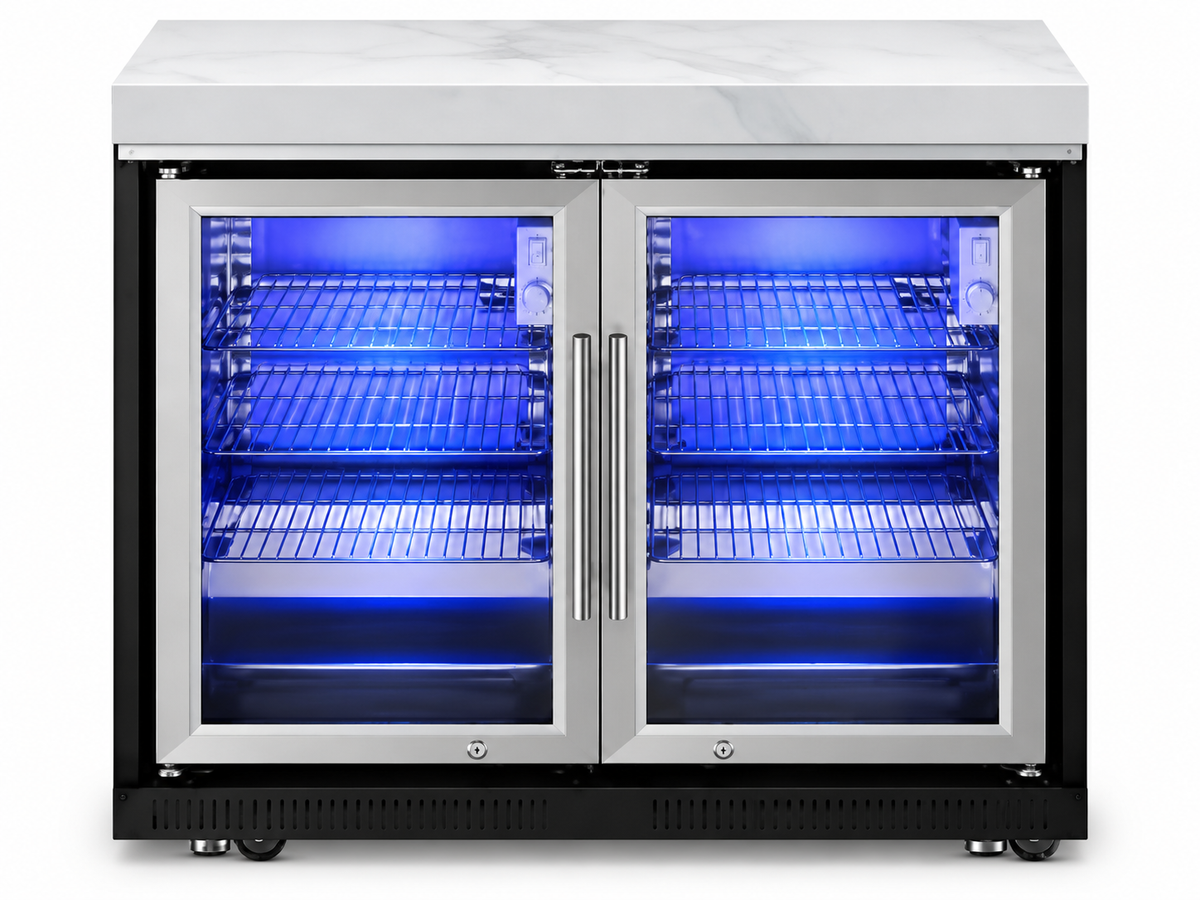 Grill King Element Twin Hood 8 Burner Outdoor BBQ Kitchen – 304 Stainless Steel & White Sintered Stone
