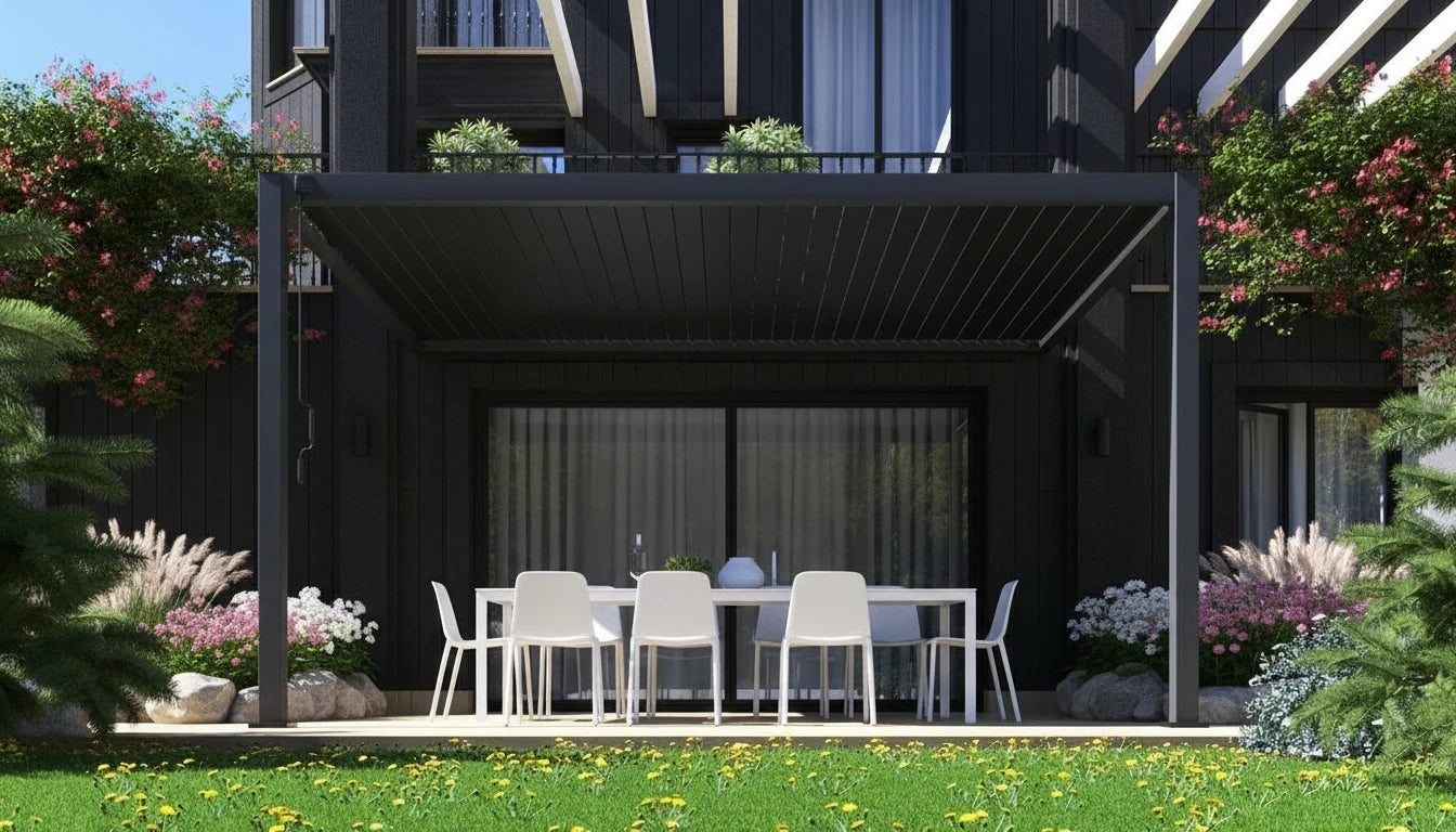 Wall Mounted 2.4x2.4M White Semi Permanent Louvred Gazebo Heavy Duty Wind Resistant