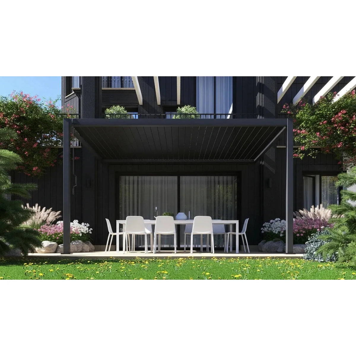 Wall Mounted 2.4x2.4M Semi Permanent Louvred Gazebo Heavy Duty Wind Resistant