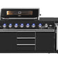 Kingsley 6-Burner Outdoor BBQ Kitchen: Black Stainless Steel, Stone Bench, Fridge, Sink, Height Adjustable, Rotisserie with BBQ Cover