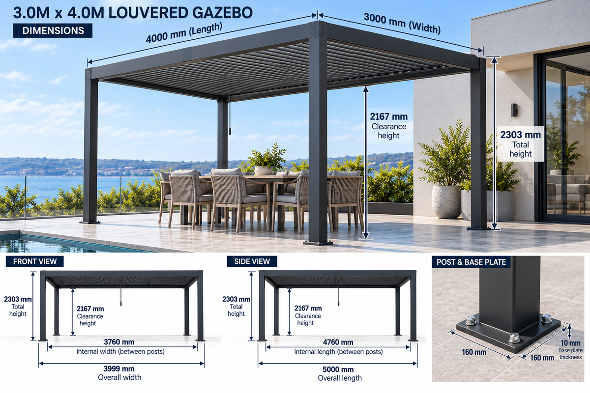 GazeboMate 4m × 5m Monument Aluminium Louvered Gazebo + Retractable Privacy Screen Combo