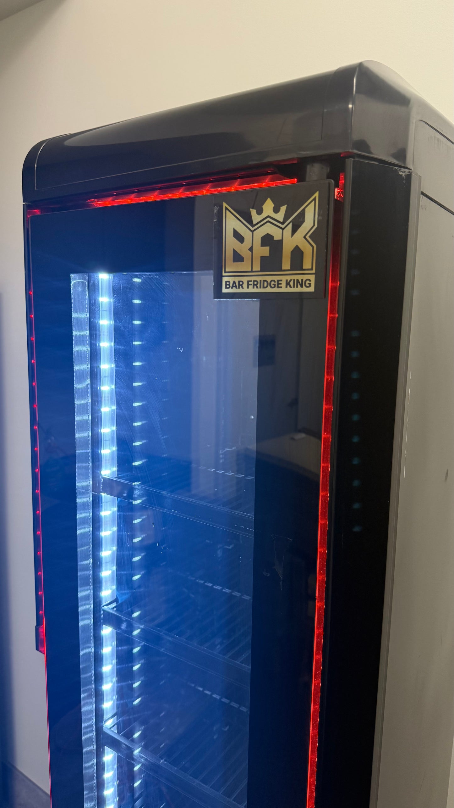 Floorstock Tropical Rated Triple Glazed 135L Commercial Skinny Upright Bar Fridge - Single Door, Black Stainless Steel, Red LED Lighting for Wine & Beverages