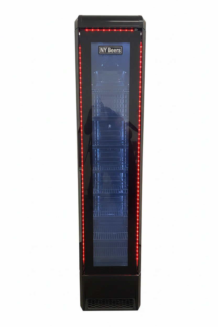 Floorstock Tropical Rated Triple Glazed 135L Commercial Skinny Upright Bar Fridge - Single Door, Black Stainless Steel, Red LED Lighting for Wine & Beverages