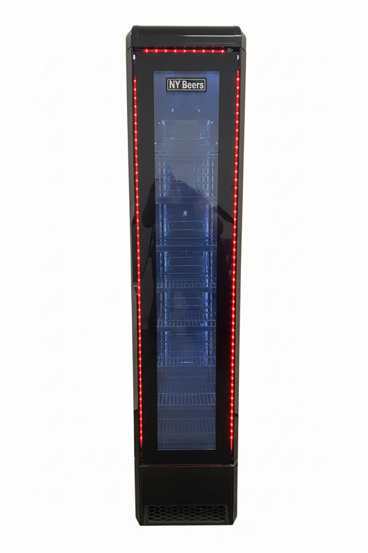 Floorstock Tropical Rated Triple Glazed 135L Commercial Skinny Upright Bar Fridge - Single Door, Black Stainless Steel, Red LED Lighting for Wine & Beverages