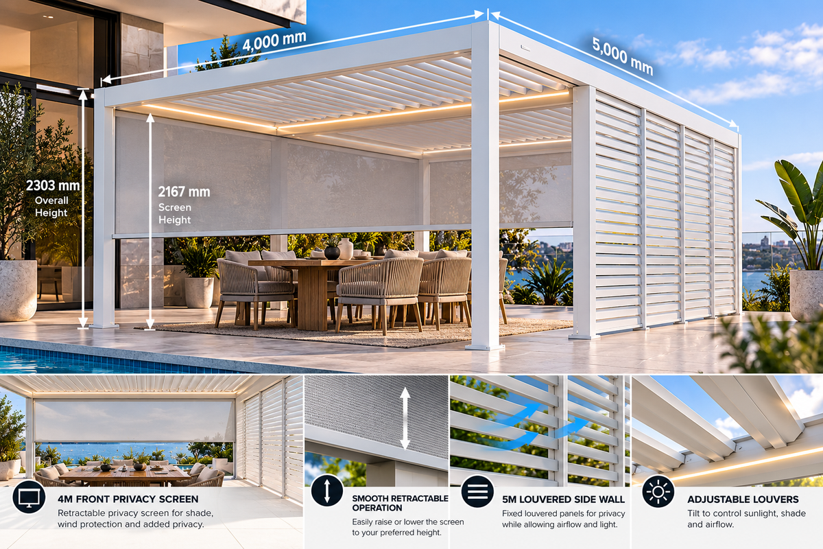 GazeboMate 4m × 5m White Aluminium Louvered Gazebo + Retractable Privacy Screen Combo