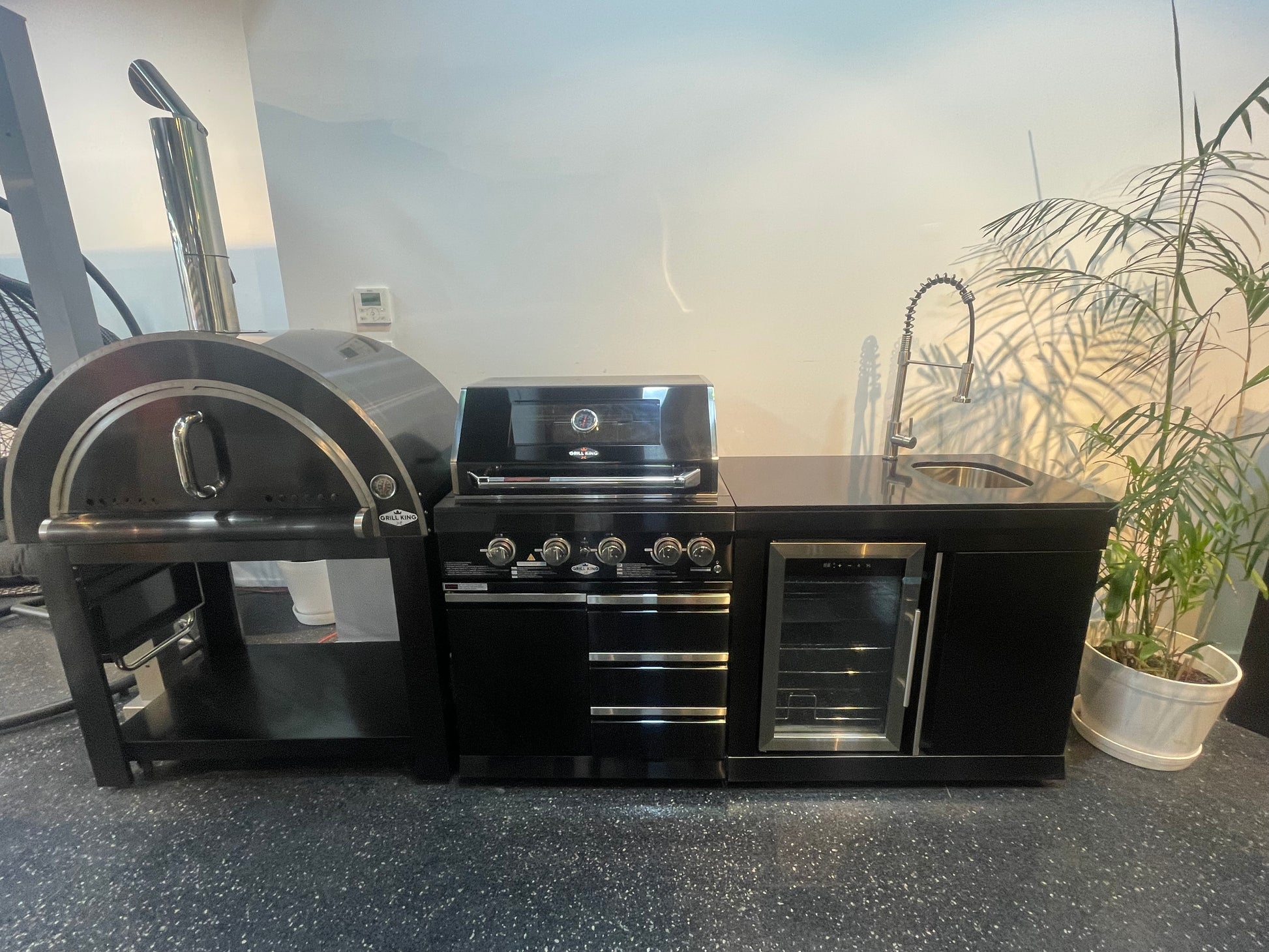 Floor Stock Black 304SS 4 Burner BBQ Kitchen + Fridge & Sink Combo + 30" Woodfire Pizza Oven