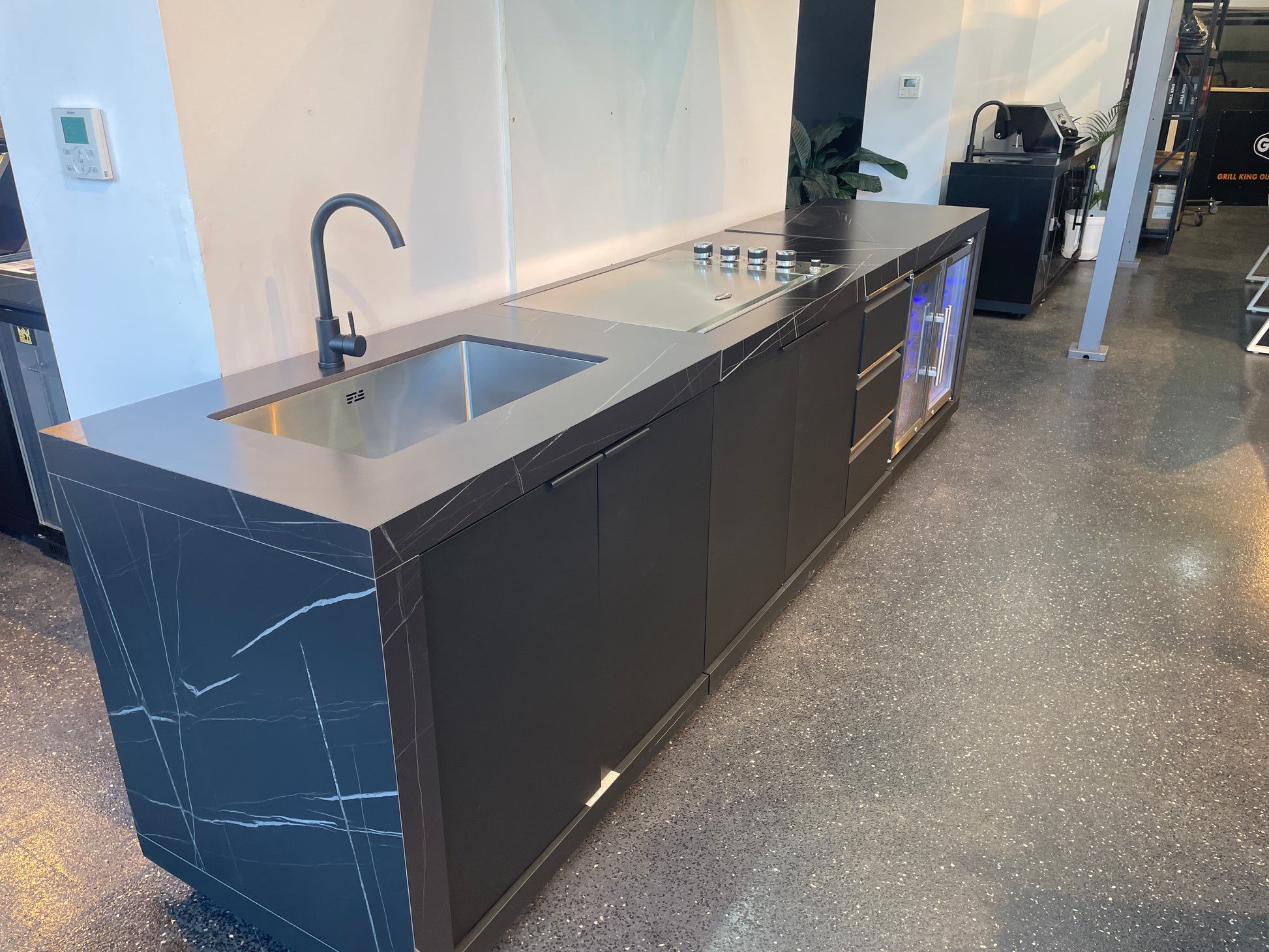 Floor Stock Rockpool Black 4B Drop In Flat Hood BBQ Kitchen Inc Sintered Stone Benchtops, Aluminium Cabinets, Fridge & Sink