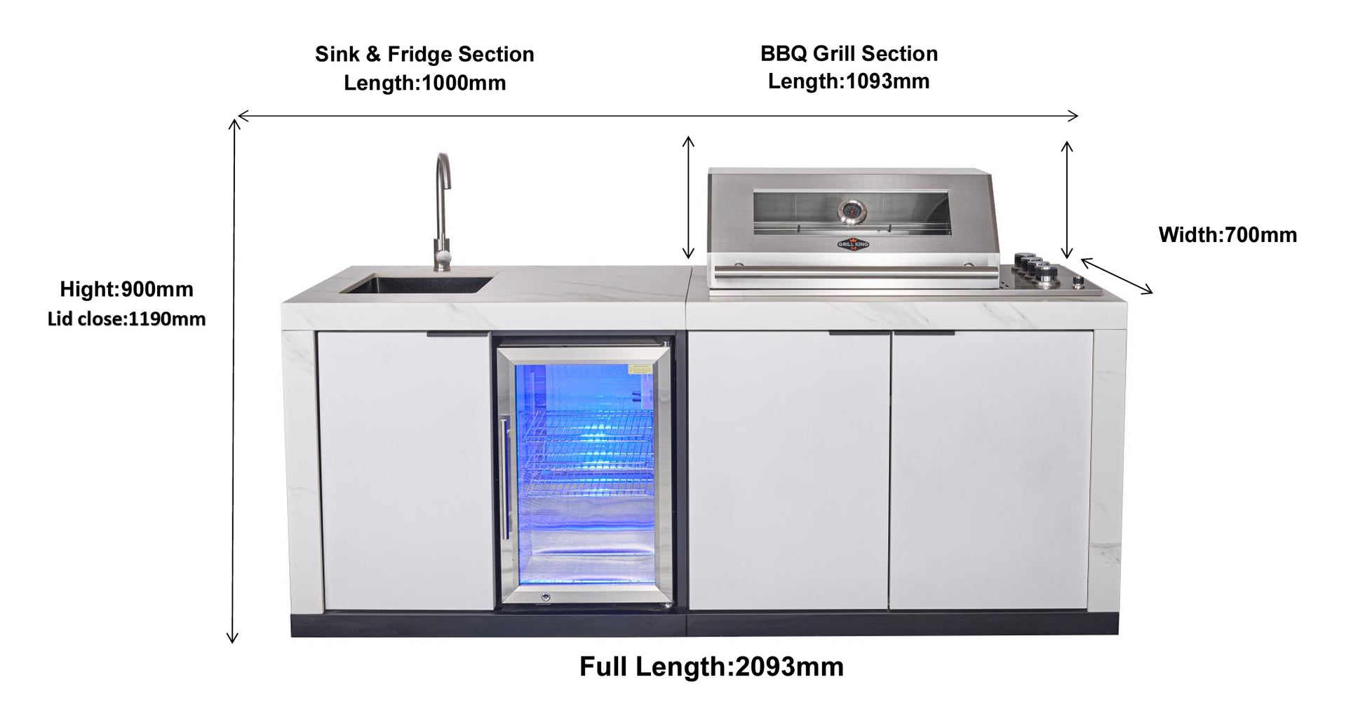 Compact Series Rockpool White 4B BBQ Kitchen Package with Stone Benchtops, Hampton Waterfall Design