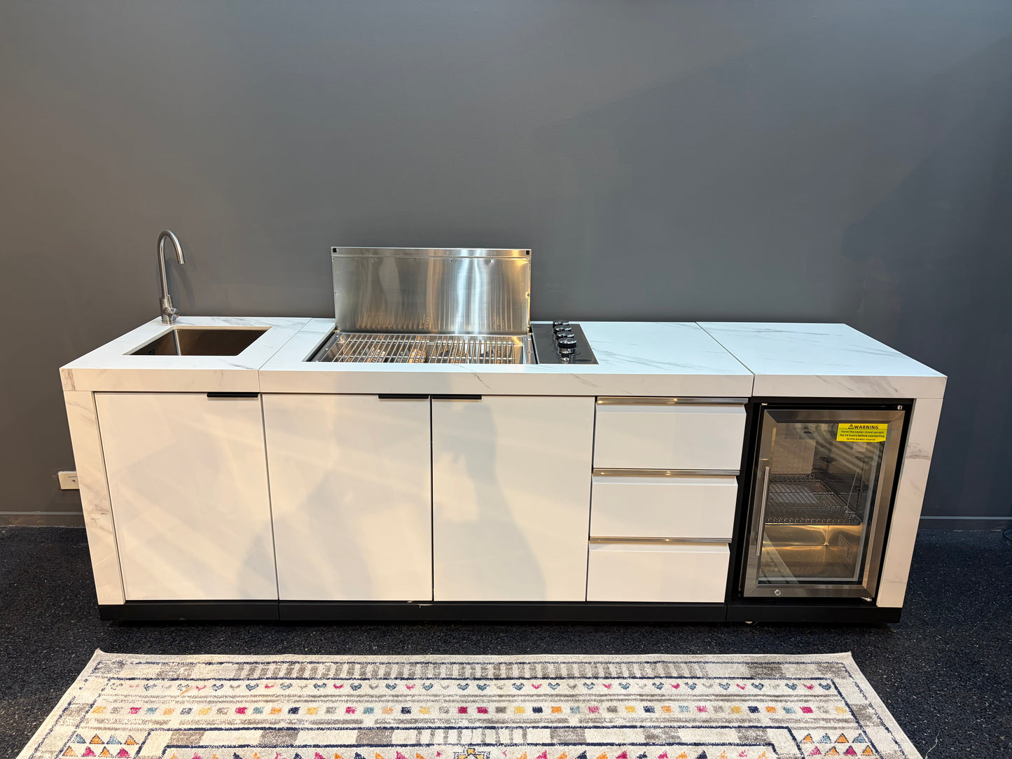 Floor Stock Rockpool White 4B Drop In Flat Hood BBQ Kitchen Inc Sintered Stone Benchtops, Aluminium Cabinets, Fridge & Sink