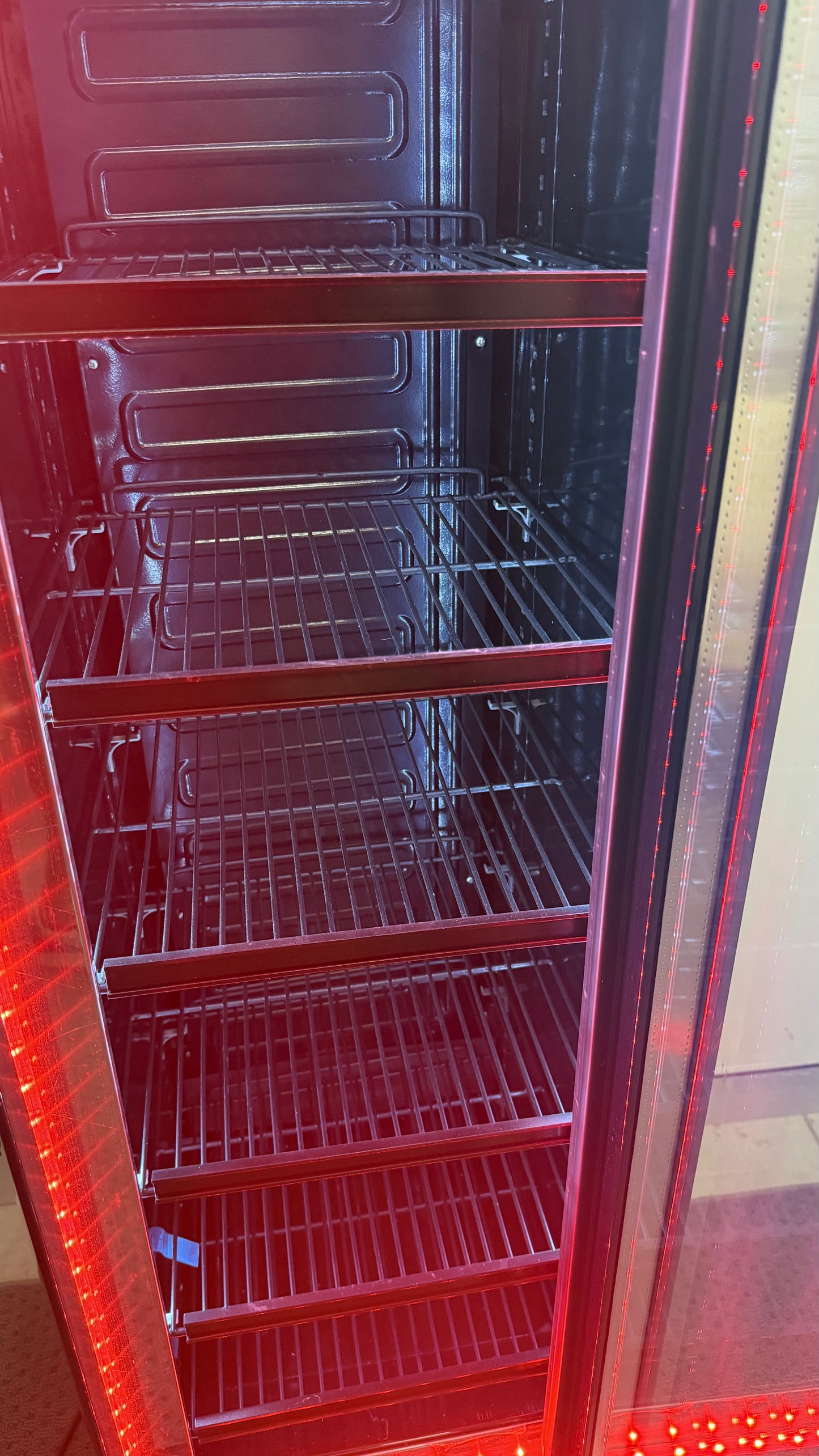 Floorstock Tropical Rated Triple Glazed 135L Commercial Skinny Upright Bar Fridge - Single Door, Black Stainless Steel, Red LED Lighting for Wine & Beverages
