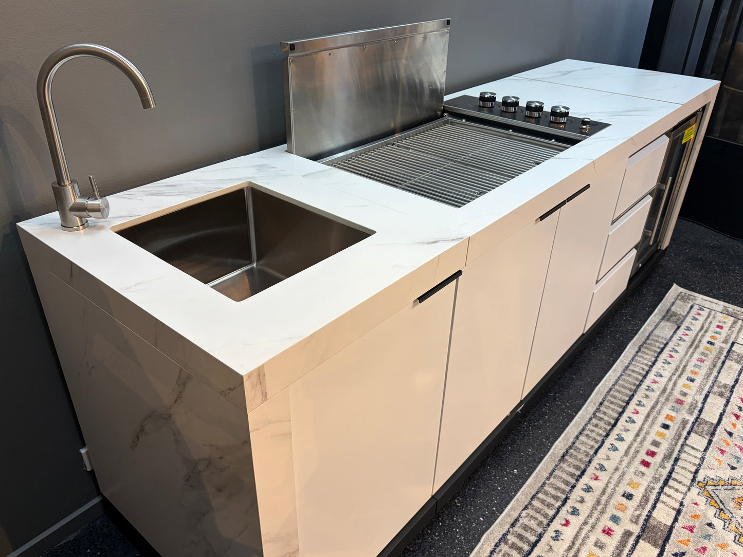 Floor Stock Rockpool White 4B Drop In Flat Hood BBQ Kitchen Inc Sintered Stone Benchtops, Aluminium Cabinets, Fridge & Sink