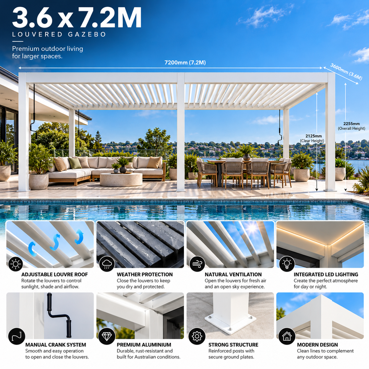 GazeboMate 3.6m × 7.2m White Aluminium Louvered Gazebo – Adjustable Roof Pergola