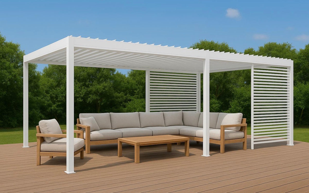 GazeboMate 3m x 4m White Aluminium Louvered Gazebo + Adjustable Privacy Wall Combo